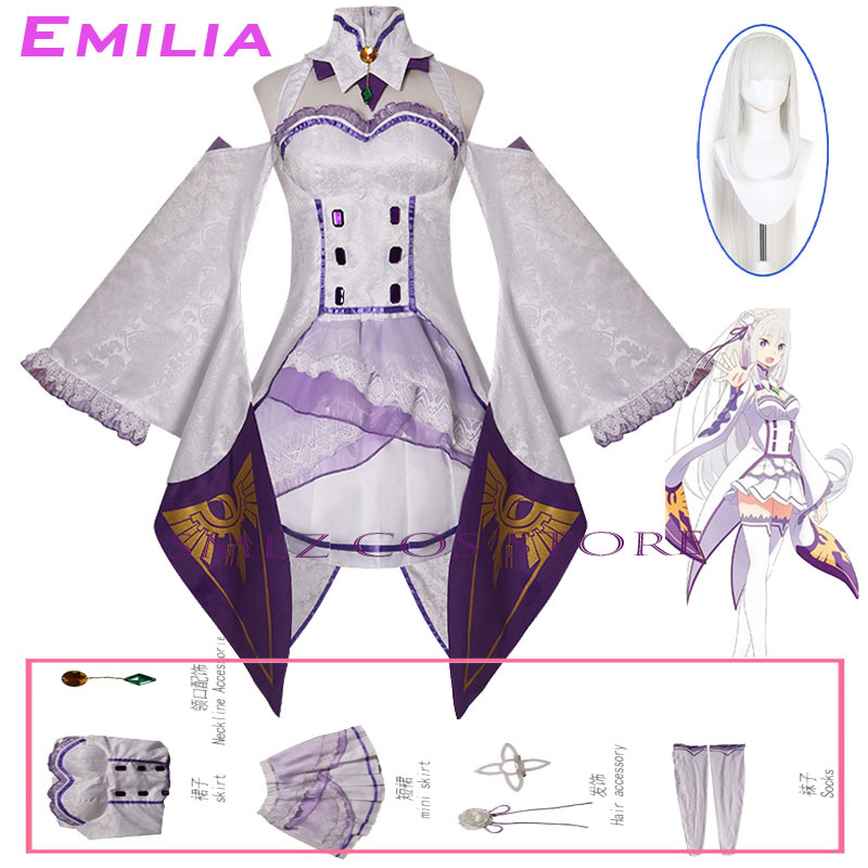Anime Cosplay Wigs - エミリアコスプレアニメ再ゼロカラハジメル異世界生活衣装白制服ドレスウィッグセットハロウィンパーティー衣装女性用