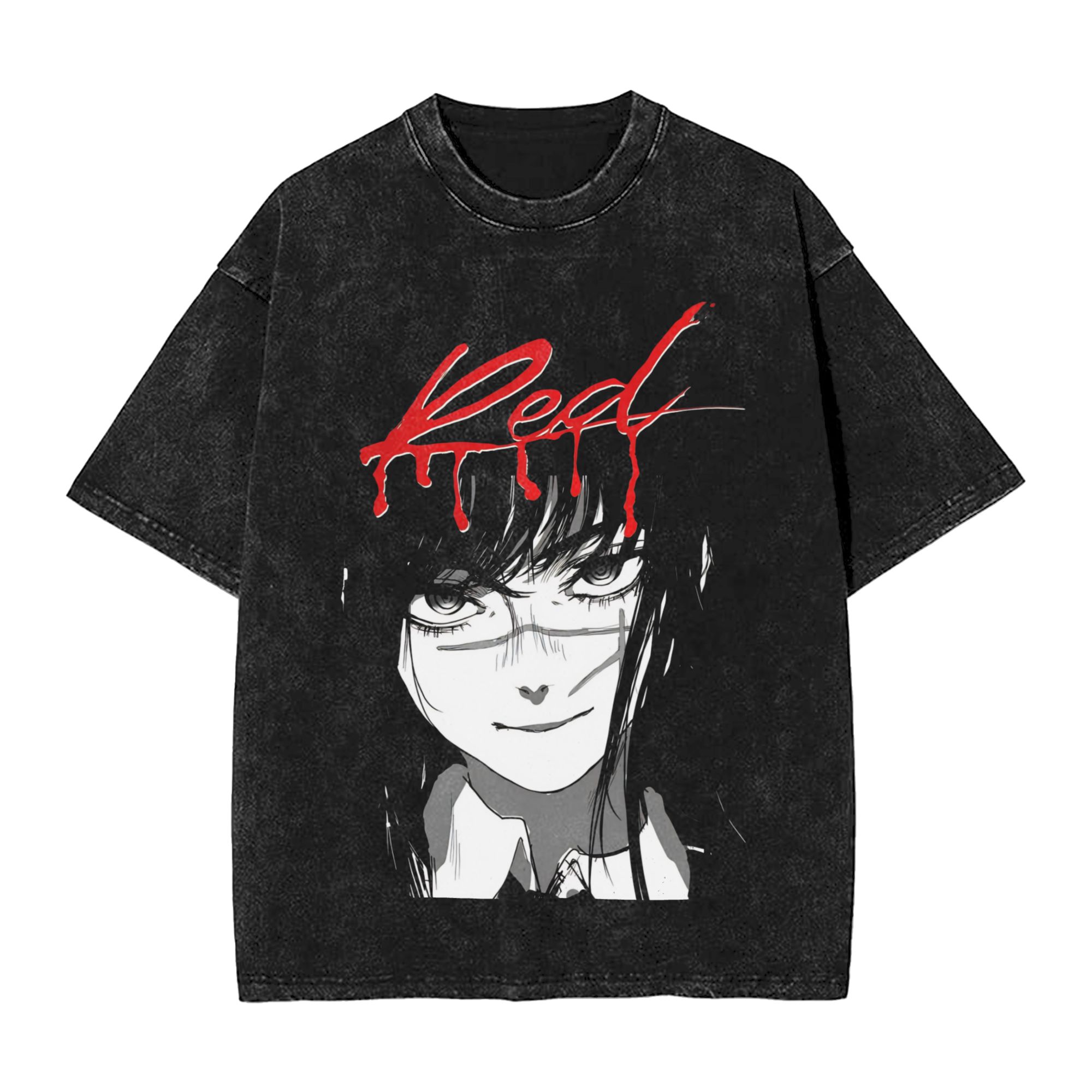 Anime Cosplay Makima - 2026年夏 チェンソーマン マキマ 片面ウォッシュ加工Tシャツ レッドドリップテキスト アニメプリント