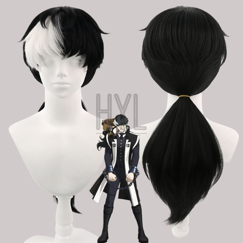 Anime Cosplay Long Black Hair - ゲーム「エース・アトーニー」サイモン・ブラッククイル コスプレウィッグ 黒白ロング合成毛 女性男性用 ハロウィンコスチューム パーティー