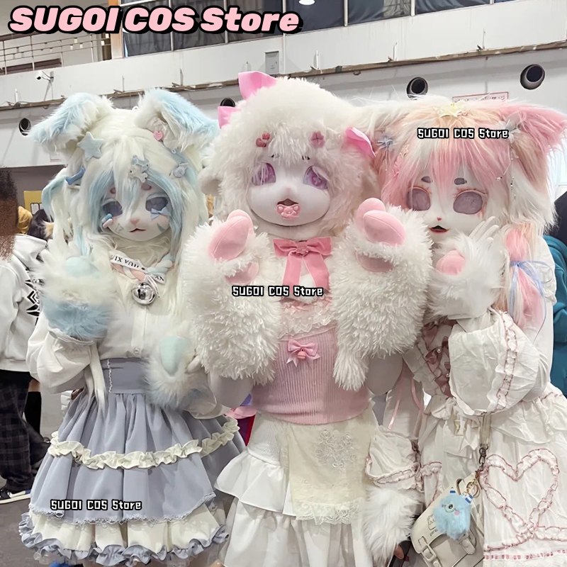 Anime Cosplay Cat - aBcSCS*ファーコスチュームヘッド着ぐるみキュートファーマスクコスプレヘルメット犬スタイル足尻尾ファーヘッドベース猫動物アクセサリー手袋
