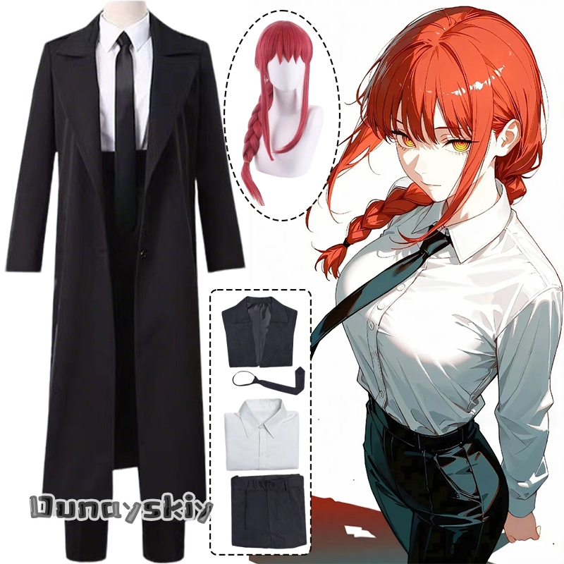 Anime Cosplay Makima - アニメマンマキマコスプレ衣装{ヘメラ}ハロウィンチェーンソー変装ガールコスチュームマキマウィッグロングライトレッドブレイド女性コスチューム