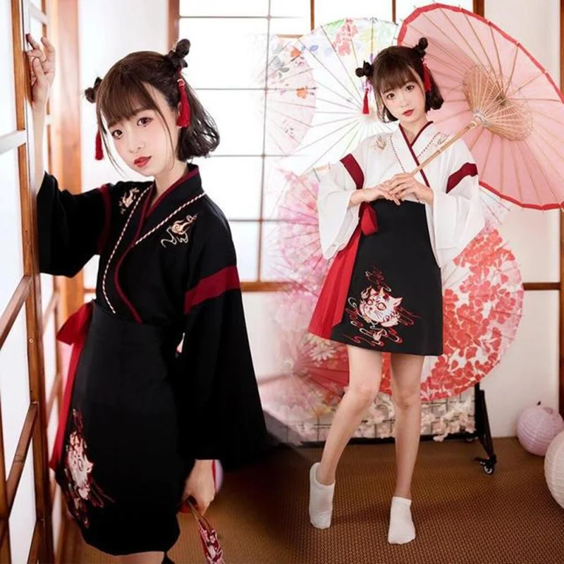 女性のための日本の着物ドレス,黒と白,猫の刺embroide - Demon Slayer Haori のレビューと価格