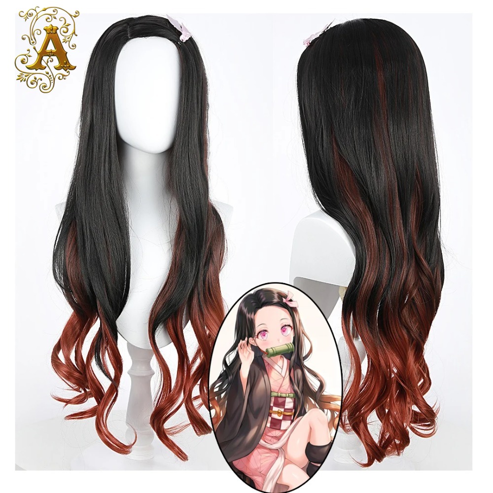黒ダークレッドグラデーションカラー巻き毛ロングヘアねずこアニ - Anime Cosplay Long Black Hair のレビューと価格